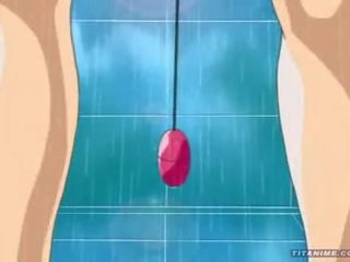 Captivating little Anime cat lassie with hot titties plays with a vibrator in the shower and sucks Big dick