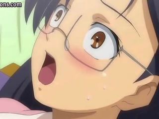 Anime with glasses rubbing her tits