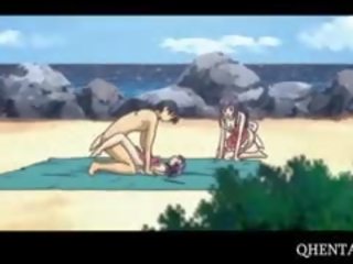 Hentai Chick Rides shaft In 3some At The Beach